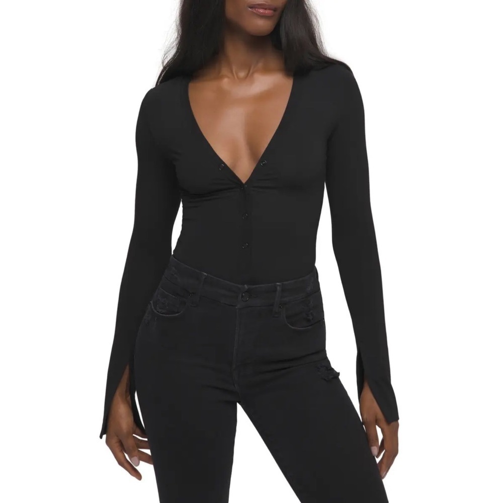 GOOD American NWT Deep V Henley Black Bodysuit 1